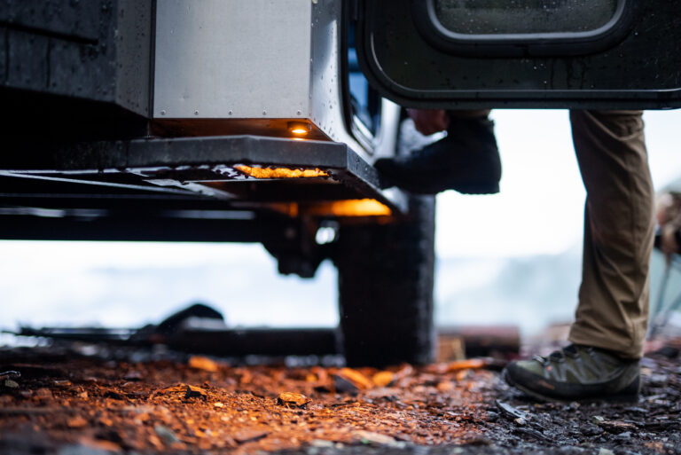 Mammoth Overland HV teardrop trailer rocklights and sliders.